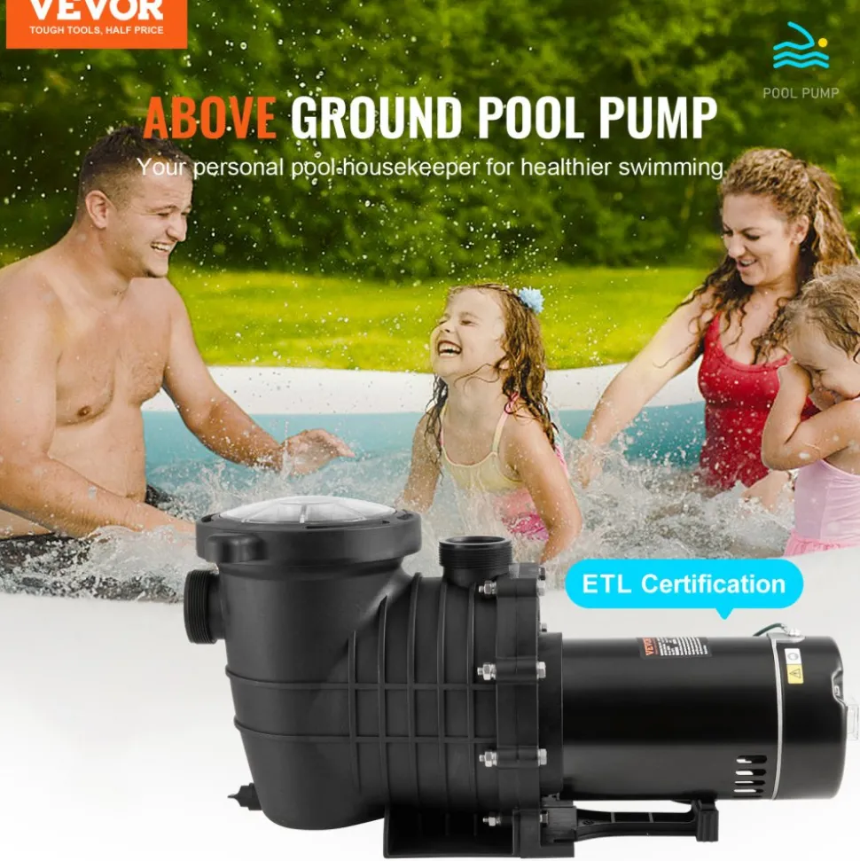 VEVOR Above Ground Pool Pump, 2 HP, 110 GPM Max Flow Single Speed Swimming Pool Pump, 110V/240V 3450 RPM 59 ft Max Head Pool Pump with Filter Basket, for Above Ground Pools Hot Tubs Spas