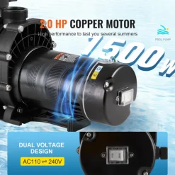 VEVOR Above Ground Pool Pump, 2 HP, 110 GPM Max Flow Single Speed Swimming Pool Pump, 110V/240V 3450 RPM 59 ft Max Head Pool Pump with Filter Basket, for Above Ground Pools Hot Tubs Spas