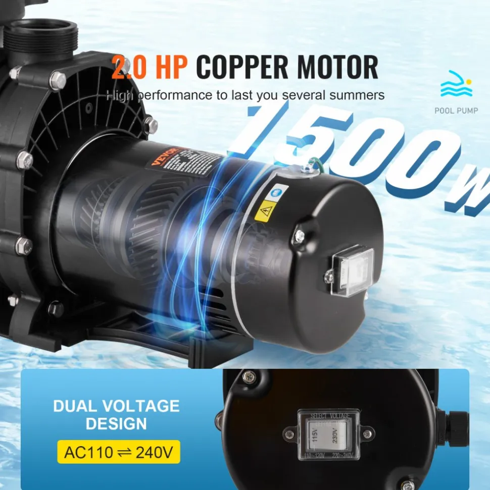 VEVOR Above Ground Pool Pump, 2 HP, 110 GPM Max Flow Single Speed Swimming Pool Pump, 110V/240V 3450 RPM 59 ft Max Head Pool Pump with Filter Basket, for Above Ground Pools Hot Tubs Spas
