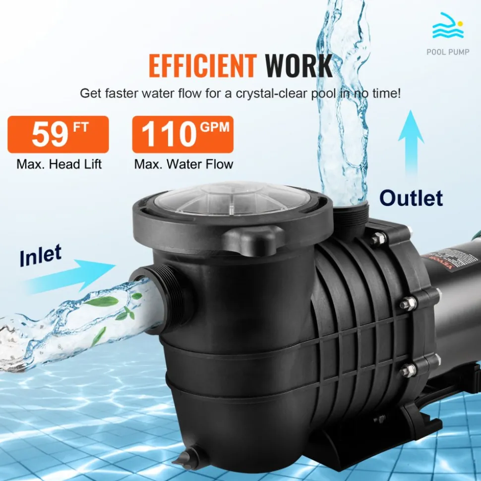 VEVOR Above Ground Pool Pump, 2 HP, 110 GPM Max Flow Single Speed Swimming Pool Pump, 110V/240V 3450 RPM 59 ft Max Head Pool Pump with Filter Basket, for Above Ground Pools Hot Tubs Spas