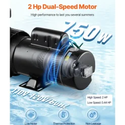VEVOR Above Ground Pool Pump, 2HP/0.44HP, Dual Speed Swimming Pool Pump, High 118 GPM 56 ft Lift, Low 57 GPM 14 ft Lift, 110V 3450 RPM with Strainer Basket, 122°F Max Water Temp, for Hot Tubs Spas
