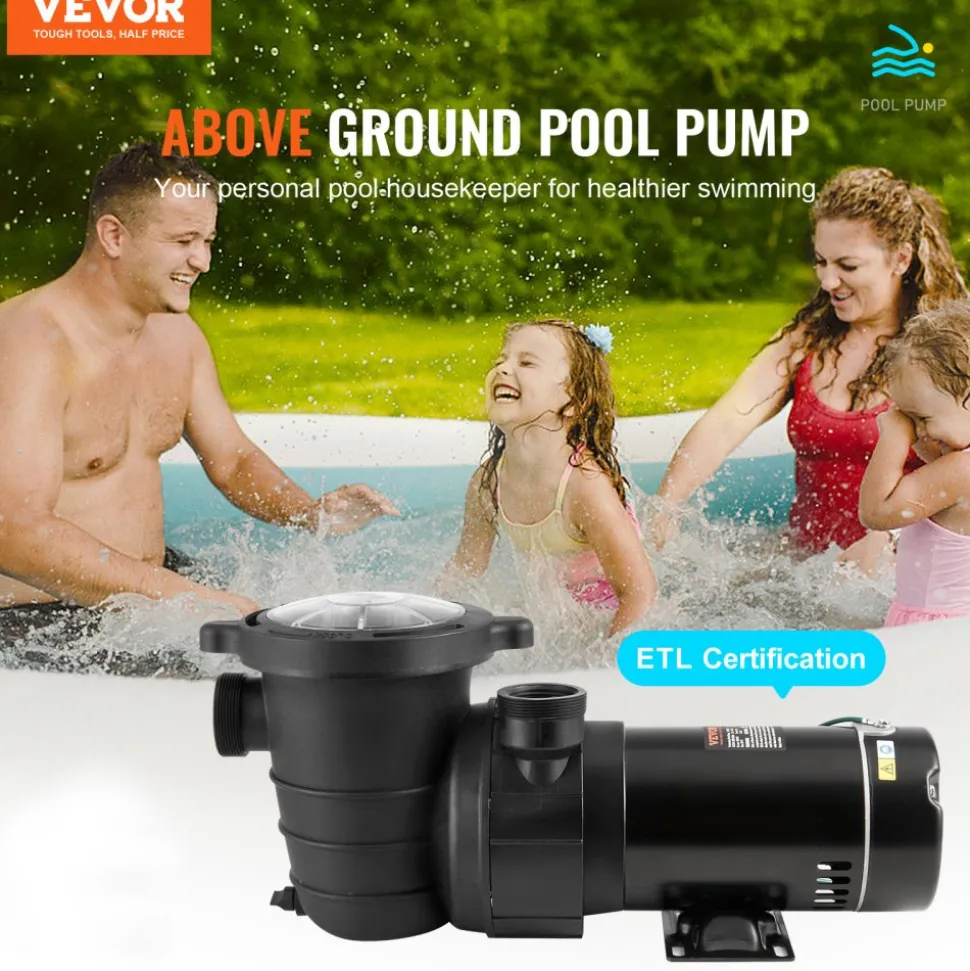 VEVOR Above Ground Pool Pump, 1HP, 80 GPM Max. Flow Single Speed Swimming Pool Pump, 120V 3450 RPM 36 ft Max. Head Lift Pool Pump with Filter Basket, for Above Ground Pools Hot Tubs Spas