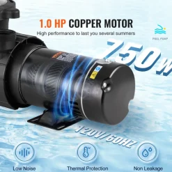 VEVOR Above Ground Pool Pump, 1HP, 80 GPM Max. Flow Single Speed Swimming Pool Pump, 120V 3450 RPM 36 ft Max. Head Lift Pool Pump with Filter Basket, for Above Ground Pools Hot Tubs Spas
