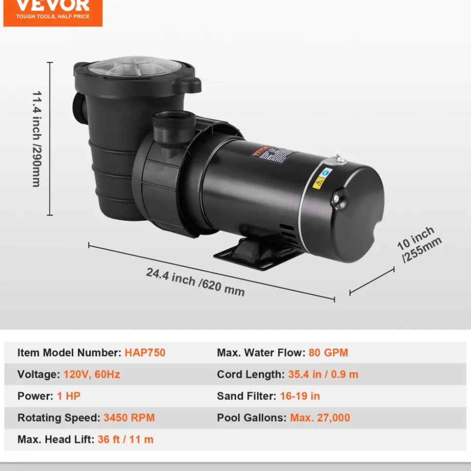 VEVOR Above Ground Pool Pump, 1HP, 80 GPM Max. Flow Single Speed Swimming Pool Pump, 120V 3450 RPM 36 ft Max. Head Lift Pool Pump with Filter Basket, for Above Ground Pools Hot Tubs Spas