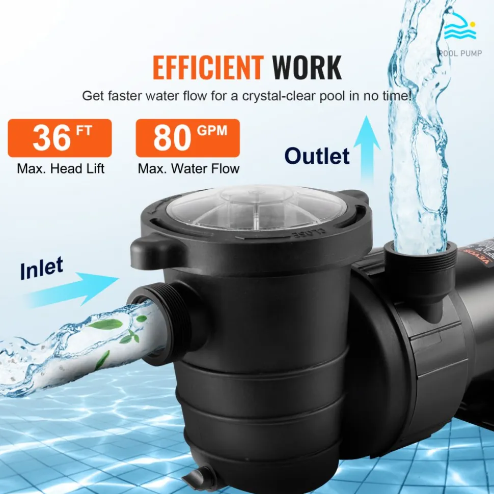 VEVOR Above Ground Pool Pump, 1HP, 80 GPM Max. Flow Single Speed Swimming Pool Pump, 120V 3450 RPM 36 ft Max. Head Lift Pool Pump with Filter Basket, for Above Ground Pools Hot Tubs Spas