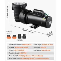 VEVOR Above Ground Pool Pump, 1.5HP/0.35HP, Dual Speed Swimming Pool Pump, High 110 GPM 54 ft Lift, Low 52 GPM 14 ft Lift, 110V 3450 RPM with Strainer Basket, 122°F Max Water Temp, for Hot Tubs Spas