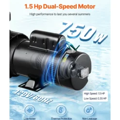 VEVOR Above Ground Pool Pump, 1.5HP/0.35HP, Dual Speed Swimming Pool Pump, High 110 GPM 54 ft Lift, Low 52 GPM 14 ft Lift, 110V 3450 RPM with Strainer Basket, 122°F Max Water Temp, for Hot Tubs Spas