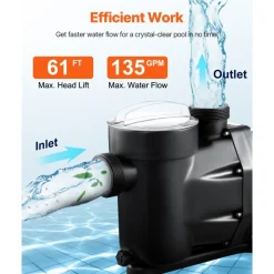 VEVOR Above Ground Pool Pump, 2 HP, 135 GPM Max Flow Single Speed Swimming Pool Pump, 220V 3450 RPM 61 ft Max Head Lift with PP Shell Strainer Basket, 122°F Max Water Temp, for Hot Tubs Spas, No Plug