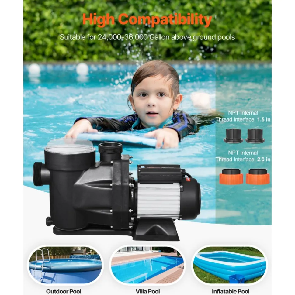 VEVOR Above Ground Pool Pump, 2 HP, 135 GPM Max Flow Single Speed Swimming Pool Pump, 220V 3450 RPM 61 ft Max Head Lift with PP Shell Strainer Basket, 122°F Max Water Temp, for Hot Tubs Spas, No Plug