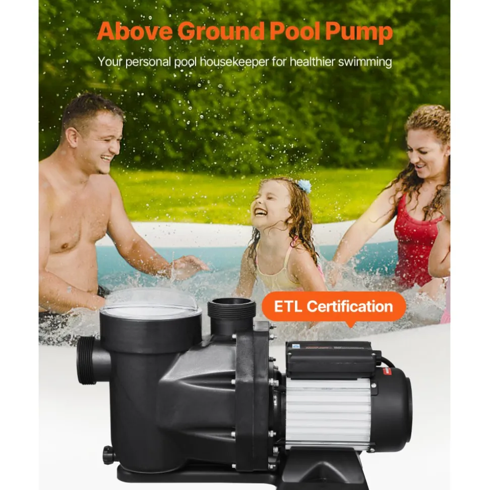 VEVOR Above Ground Pool Pump, 2 HP, 135 GPM Max Flow Single Speed Swimming Pool Pump, 220V 3450 RPM 61 ft Max Head Lift with PP Shell Strainer Basket, 122°F Max Water Temp, for Hot Tubs Spas, No Plug