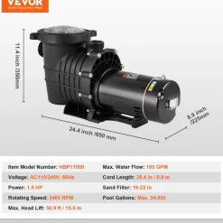VEVOR Above Ground Pool Pump, 1.5 HP, 100 GPM Single Speed Swimming Pool Pump, 110V/240V 3450 RPM 50.9 ft Max Head Pool Pump with Filter Basket, for Above Ground Pools Hot Tubs Spas