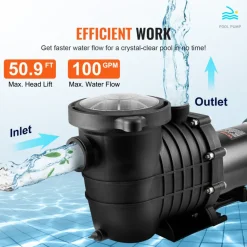 VEVOR Above Ground Pool Pump, 1.5 HP, 100 GPM Single Speed Swimming Pool Pump, 110V/240V 3450 RPM 50.9 ft Max Head Pool Pump with Filter Basket, for Above Ground Pools Hot Tubs Spas