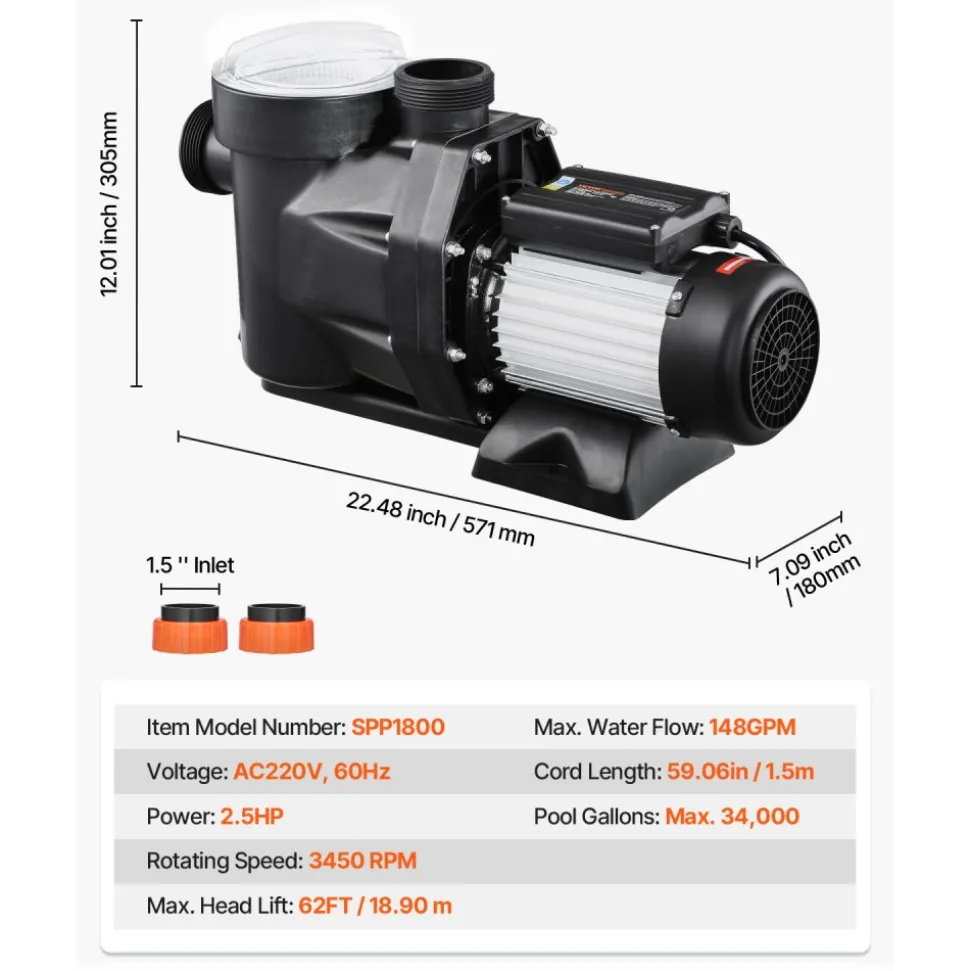 VEVOR Above Ground Pool Pump, 2.5 HP, 148 GPM Max Flow Single Speed Swimming Pool Pump, 220V 3450 RPM 62 ft Max Head Lift with PP Shell Strainer Basket, 122°F Max Water Temperature, for Hot Tubs Spas