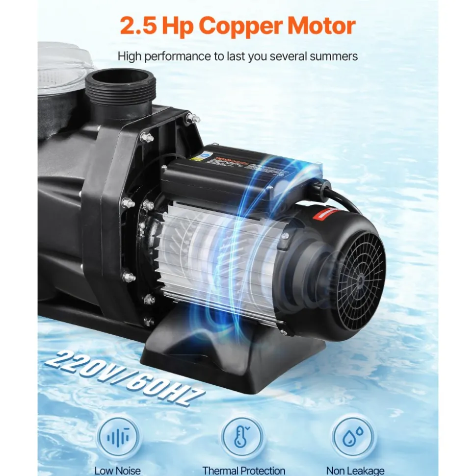 VEVOR Above Ground Pool Pump, 2.5 HP, 148 GPM Max Flow Single Speed Swimming Pool Pump, 220V 3450 RPM 62 ft Max Head Lift with PP Shell Strainer Basket, 122°F Max Water Temperature, for Hot Tubs Spas