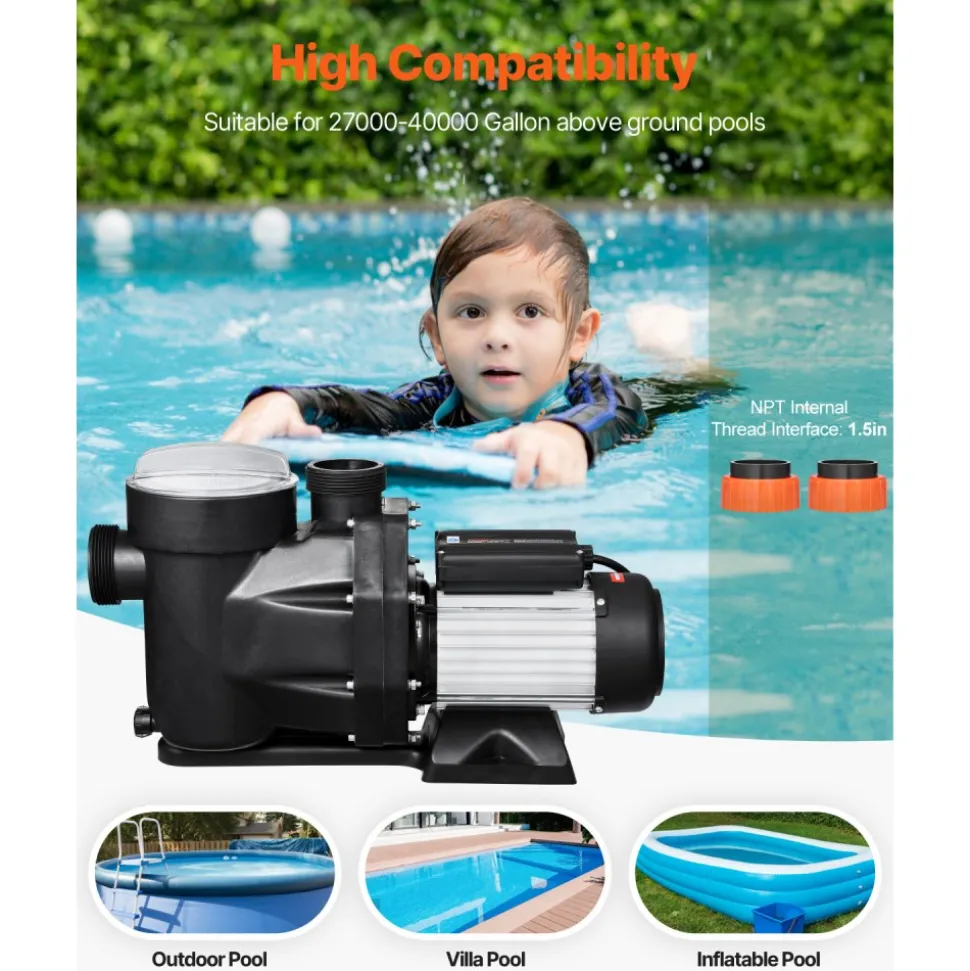 VEVOR Above Ground Pool Pump, 2.5 HP, 148 GPM Max Flow Single Speed Swimming Pool Pump, 220V 3450 RPM 62 ft Max Head Lift with PP Shell Strainer Basket, 122°F Max Water Temperature, for Hot Tubs Spas