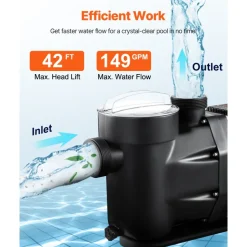 VEVOR Above Ground Pool Pump, 3 HP, 149 GPM Max Flow Single Speed Swimming Pool Pump, 220V 3450 RPM 42 ft Max Head Lift with PP Shell Strainer Basket, 122°F Max Water Temp, for Hot Tubs Spas, No Plug