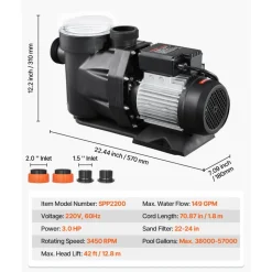 VEVOR Above Ground Pool Pump, 3 HP, 149 GPM Max Flow Single Speed Swimming Pool Pump, 220V 3450 RPM 42 ft Max Head Lift with PP Shell Strainer Basket, 122°F Max Water Temp, for Hot Tubs Spas, No Plug