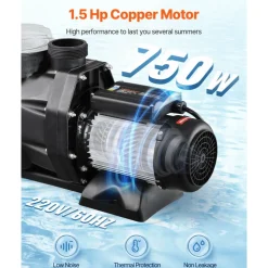 VEVOR Above Ground Pool Pump, 1.5HP, 122 GPM Max Flow Single Speed Swimming Pool Pump, 220V 3450 RPM 55 ft Max Head Lift with PP Shell Strainer Basket, 122°F Max Water Temp, for Hot Tubs Spas, No Plug