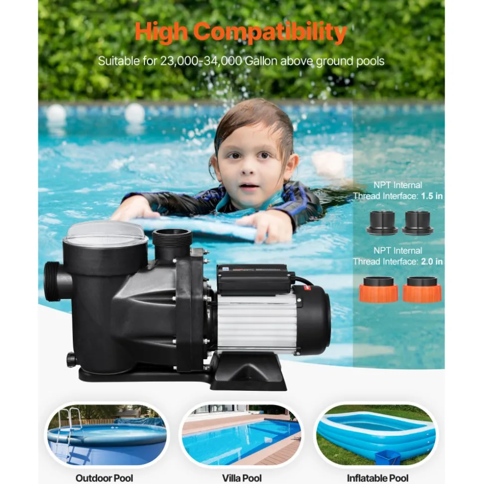 VEVOR Above Ground Pool Pump, 1.5HP, 122 GPM Max Flow Single Speed Swimming Pool Pump, 220V 3450 RPM 55 ft Max Head Lift with PP Shell Strainer Basket, 122°F Max Water Temp, for Hot Tubs Spas, No Plug