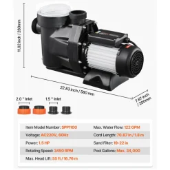 VEVOR Above Ground Pool Pump, 1.5HP, 122 GPM Max Flow Single Speed Swimming Pool Pump, 220V 3450 RPM 55 ft Max Head Lift with PP Shell Strainer Basket, 122°F Max Water Temp, for Hot Tubs Spas, No Plug