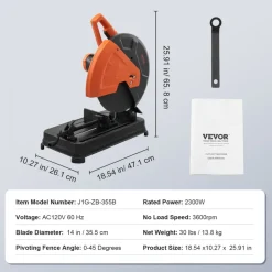 VEVOR Abrasive Chop Saw, 14"/355mm Blade Diameter Cut Off Saw, 2300W 3600RPM Steel Cutting Machine, 0-45° Adjustable Angle Miter Saw for Cutting Metal Cutting Chop Saw for Steel/Rebar/Iron/Aluminum