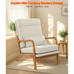 VEVOR Accent Chair, High Back Mid Century Modern Armchair with Solid Wood Frame and Non-Slip Legs, Upholstered Leisure Chair with Linen Fabric and 5.3 in Thickened Cushion, for Living Room, Bedroom