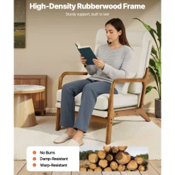 VEVOR Accent Chair, High Back Mid Century Modern Armchair with Solid Wood Frame and Non-Slip Legs, Upholstered Leisure Chair with Linen Fabric and 5.3 in Thickened Cushion, for Living Room, Bedroom