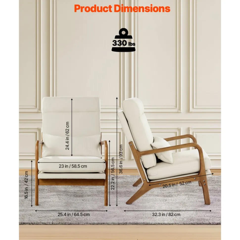 VEVOR Accent Chair, High Back Mid Century Modern Armchair with Solid Wood Frame and Non-Slip Legs, Upholstered Leisure Chair with Linen Fabric and 5.3 in Thickened Cushion, for Living Room, Bedroom