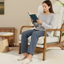 VEVOR Accent Chair, High Back Mid Century Modern Armchair with Solid Wood Frame and Non-Slip Legs, Upholstered Leisure Chair with Linen Fabric and 5.3 in Thickened Cushion, for Living Room, Bedroom