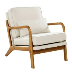 VEVOR Accent Chair, Mid Century Modern Armchair with Solid Wood Frame and Non-Slip Legs, Upholstered Leisure Chair with Linen Fabric and 5.7 in Thickened Cushion, for Living Room, Bedroom, Office