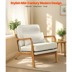 VEVOR Accent Chair, Mid Century Modern Armchair with Solid Wood Frame and Non-Slip Legs, Upholstered Leisure Chair with Linen Fabric and 5.7 in Thickened Cushion, for Living Room, Bedroom, Office