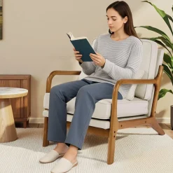 VEVOR Accent Chair, Mid Century Modern Armchair with Solid Wood Frame and Non-Slip Legs, Upholstered Leisure Chair with Linen Fabric and 5.7 in Thickened Cushion, for Living Room, Bedroom, Office