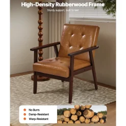 VEVOR Accent Chair, Mid Century Modern Armchair with Solid Wood Frame and Non-Slip Legs, Upholstered Leisure Chair with PU Leather and Soft Cushion, for Living Room, Bedroom, Office