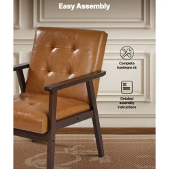 VEVOR Accent Chair, Mid Century Modern Armchair with Solid Wood Frame and Non-Slip Legs, Upholstered Leisure Chair with PU Leather and Soft Cushion, for Living Room, Bedroom, Office