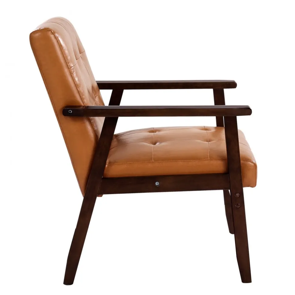 VEVOR Accent Chair, Mid Century Modern Armchair with Solid Wood Frame and Non-Slip Legs, Upholstered Leisure Chair with PU Leather and Soft Cushion, for Living Room, Bedroom, Office