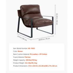 VEVOR Accent Chair, Modern PU Leather Armchair, Cozy Upholstered Chair, with Soft Foam Cushioning, Sturdy Metal Frame, and Detachable Cushion, for Living Room, Bedroom, Reading Room, Office, Brown