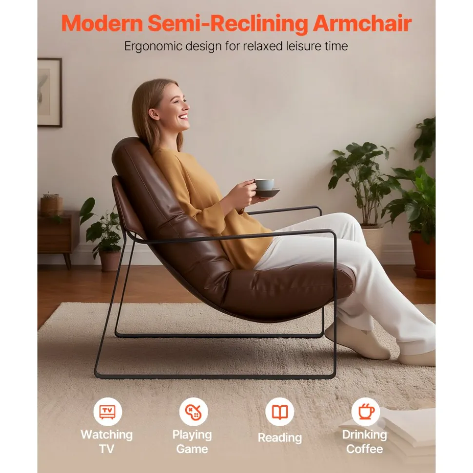 VEVOR Accent Chair, Modern PU Leather Armchair, Cozy Upholstered Chair, with Soft Foam Cushioning, Sturdy Metal Frame, and Detachable Cushion, for Living Room, Bedroom, Reading Room, Office, Brown