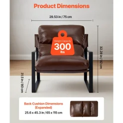 VEVOR Accent Chair, Modern PU Leather Armchair, Cozy Upholstered Chair, with Soft Foam Cushioning, Sturdy Metal Frame, and Detachable Cushion, for Living Room, Bedroom, Reading Room, Office, Brown