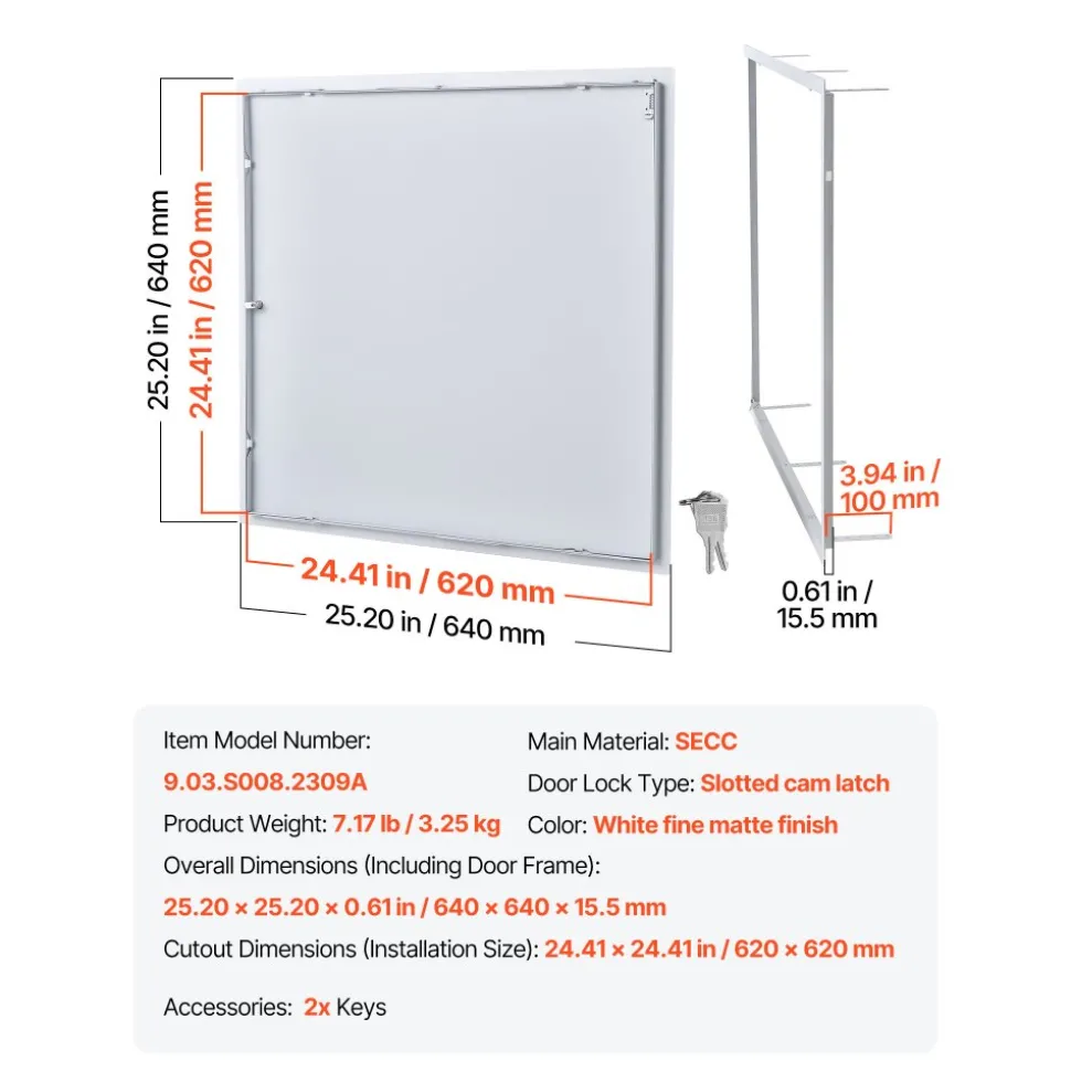 VEVOR Access Panel for Drywall, 25.2 x 25.2 in Galvanized Steel Access Door, Easy Install Hinged Service Panel with Key, for Ceiling Plumbing Electrical, 24.4 x 24.4 in Cutout Size, White