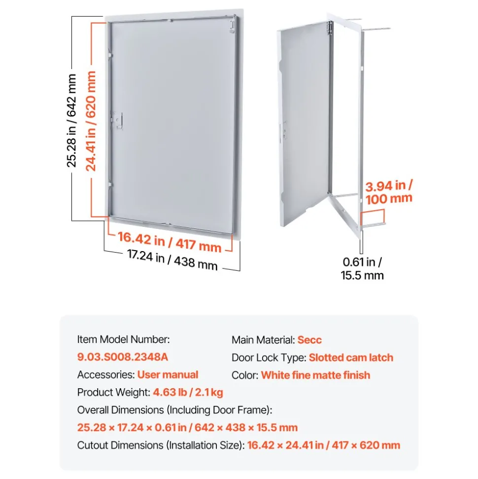 VEVOR Access Panel for Drywall, 25.3 x 17.2 in Galvanized Steel Access Door, Easy Install Hinged Service Panel with Screwdriver Latch, for Ceiling Plumbing Electrical, 16.4 x 24.4 in Cutout Size White
