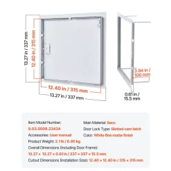 VEVOR Access Panel for Drywall, 13.3 x 13.3 in Galvanized Steel Access Door, Easy Install Hinged Service Panel with Screwdriver Latch, for Ceiling Plumbing Electrical, 12.4 x 12.4 in Cutout Size White