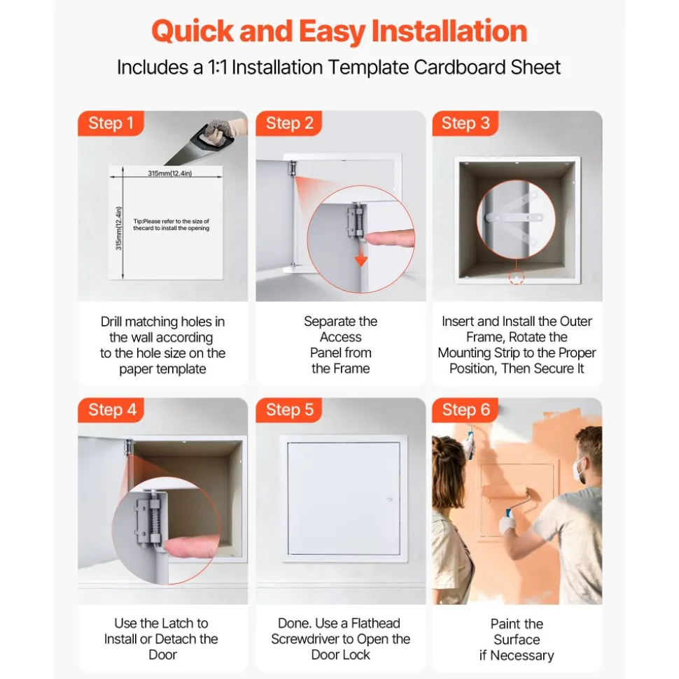 VEVOR Access Panel for Drywall, 13.3 x 13.3 in Galvanized Steel Access Door, Easy Install Hinged Service Panel with Screwdriver Latch, for Ceiling Plumbing Electrical, 12.4 x 12.4 in Cutout Size White