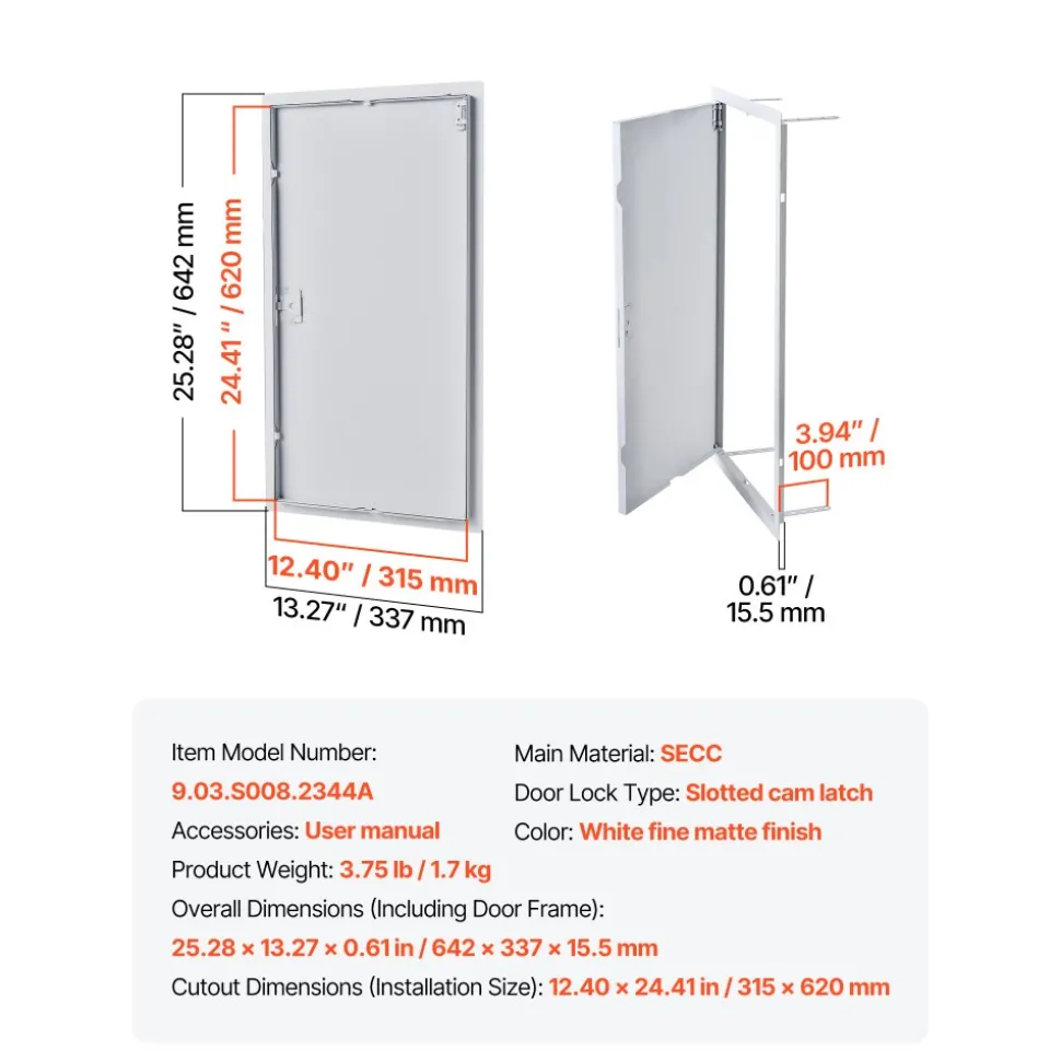 VEVOR Access Panel for Drywall, 25.3 x 13.3 in Galvanized Steel Access Door, Easy Install Hinged Service Panel with Screwdriver Latch, for Ceiling Plumbing Electrical, 12.4 x 24.4 in Cutout Size White