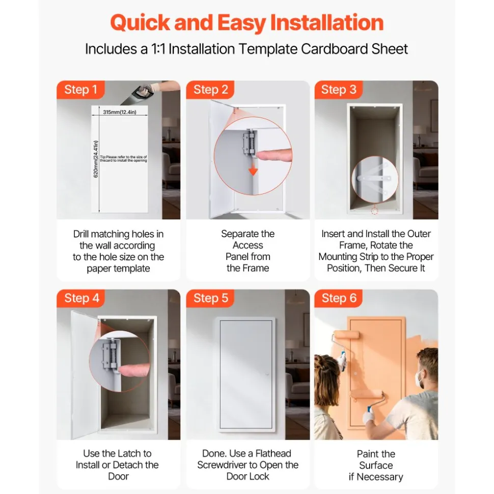 VEVOR Access Panel for Drywall, 25.3 x 13.3 in Galvanized Steel Access Door, Easy Install Hinged Service Panel with Screwdriver Latch, for Ceiling Plumbing Electrical, 12.4 x 24.4 in Cutout Size White