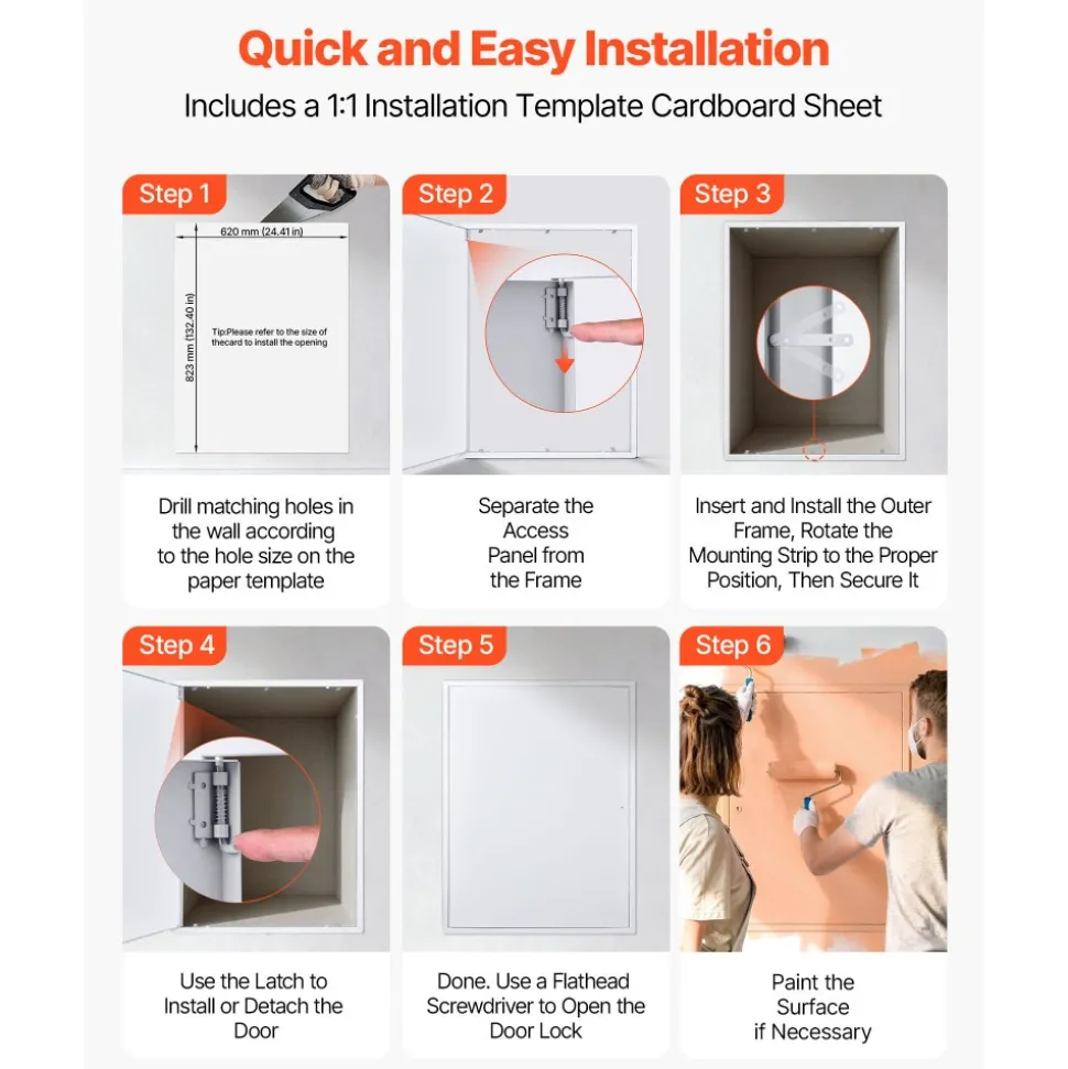 VEVOR Access Panel for Drywall, 33.2 x 25.2 in Galvanized Steel Access Door, Easy Install Hinged Service Panel with Screwdriver Latch, for Ceiling Plumbing Electrical, 24.4 x 32.4 in Cutout Size White
