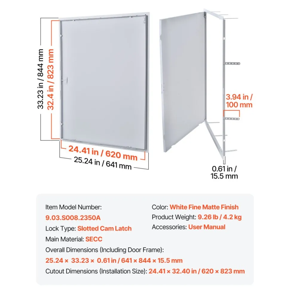 VEVOR Access Panel for Drywall, 33.2 x 25.2 in Galvanized Steel Access Door, Easy Install Hinged Service Panel with Screwdriver Latch, for Ceiling Plumbing Electrical, 24.4 x 32.4 in Cutout Size White