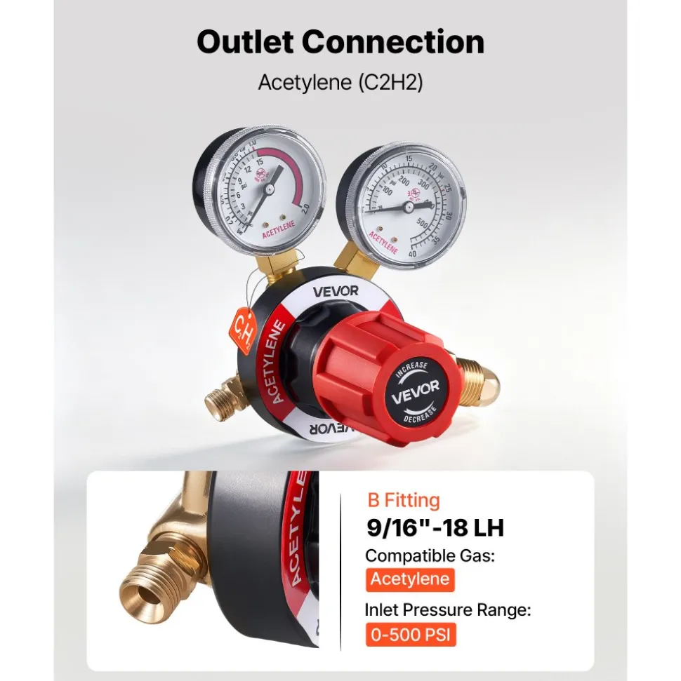 VEVOR Acetylene Regulator, Precise Acetylene Regulator, 0-500PSI Welding Gas Gauge with CGA-510 Inlet Connection & 9/16"-18 LH Outlet Connection, PC Knob Adjustment