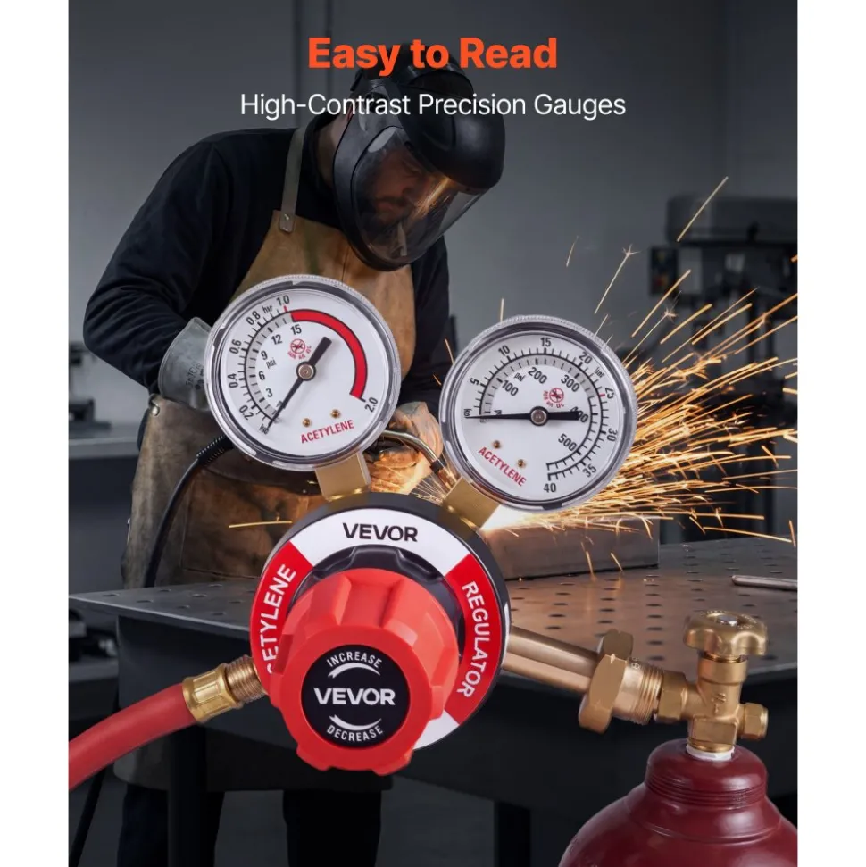 VEVOR Acetylene Regulator, Precise Acetylene Regulator, 0-500PSI Welding Gas Gauge with CGA-510 Inlet Connection & 9/16"-18 LH Outlet Connection, PC Knob Adjustment