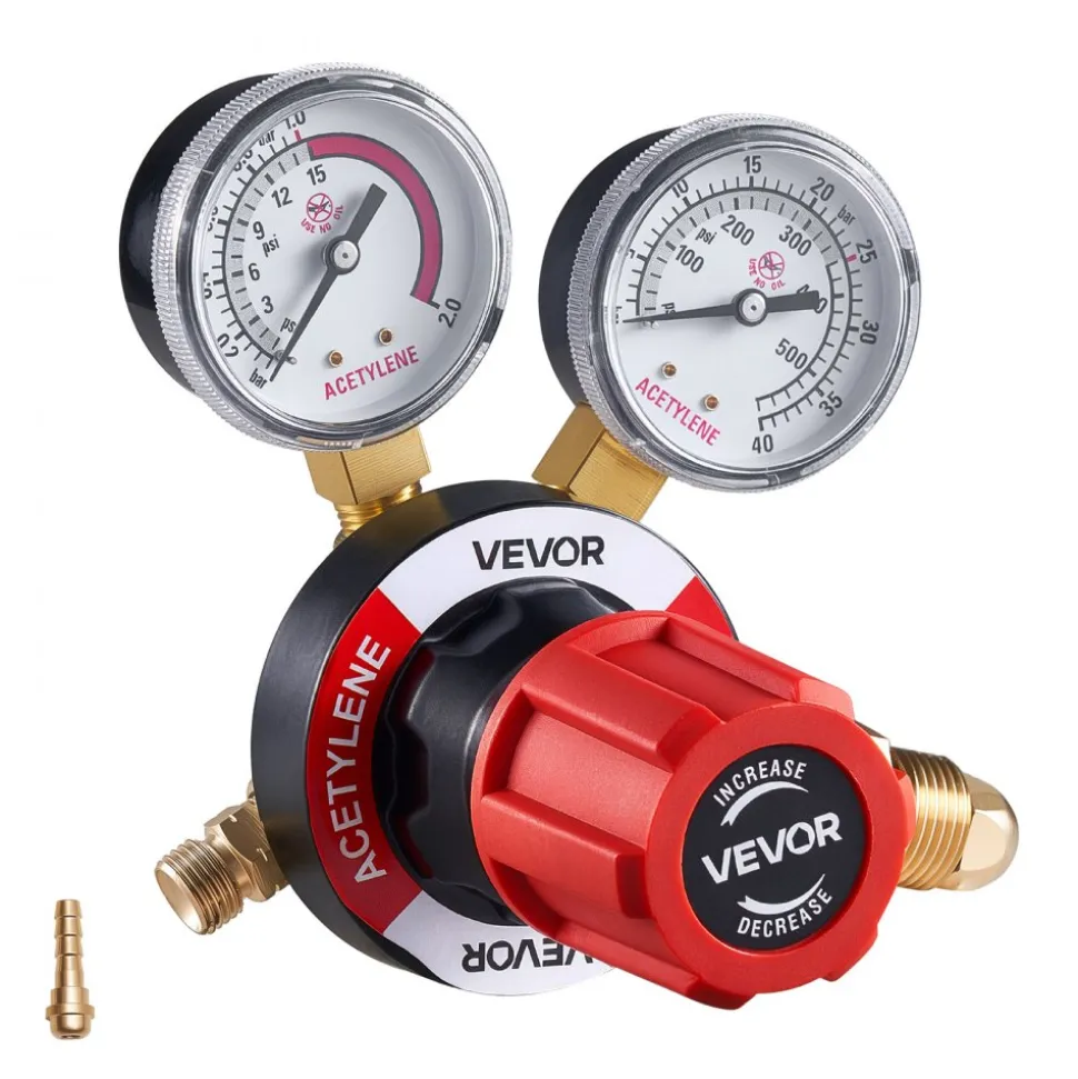VEVOR Acetylene Regulator, Precise Acetylene Regulator, 0-500PSI Welding Gas Gauge with CGA-510 Inlet Connection & 9/16"-18 LH Outlet Connection, PC Knob Adjustment