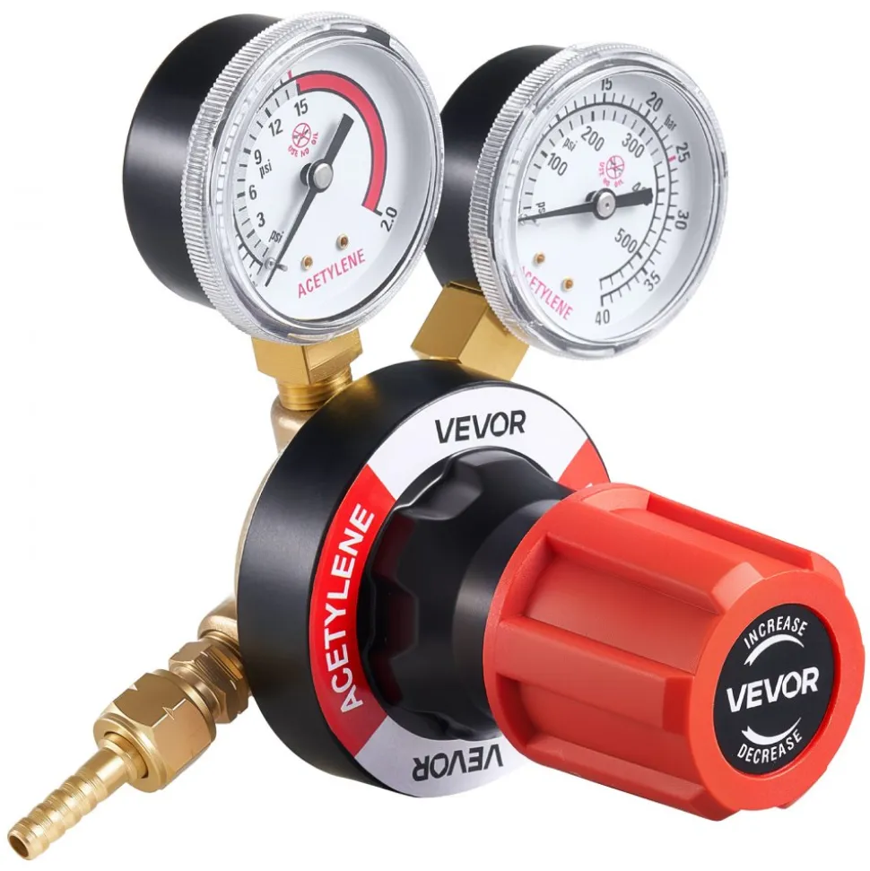 VEVOR Acetylene Regulator, Precise Acetylene Regulator, 0-500PSI Welding Gas Gauge with CGA-510 Inlet Connection & 9/16"-18 LH Outlet Connection, PC Knob Adjustment